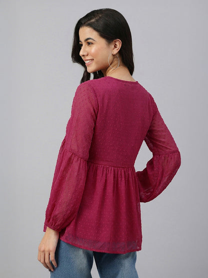 Janasya Women's Pink Dobby Chiffon Solid Gathered A-Line Top