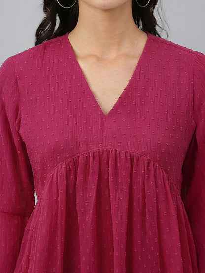 Janasya Women's Pink Dobby Chiffon Solid Gathered A-Line Top