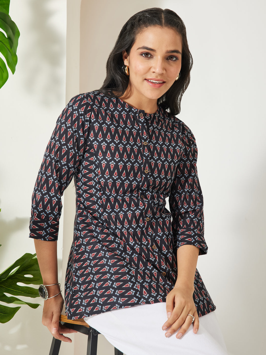 Janasya Women's Black Pure Cotton Geometric Printed A-Line Top