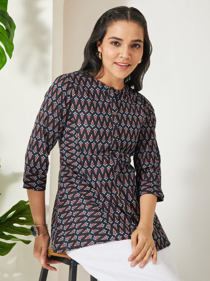 Janasya Women's Black Pure Cotton Geometric Printed A-Line Top