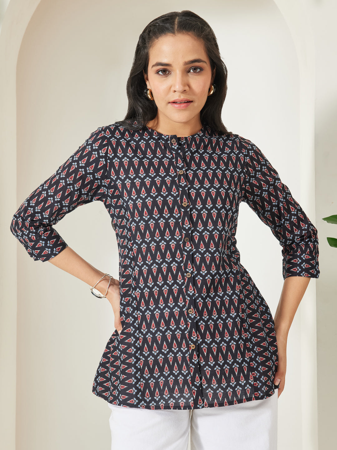 Janasya Women's Black Pure Cotton Geometric Printed A-Line Top