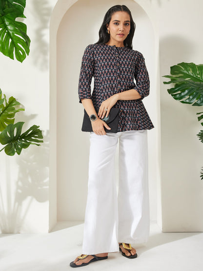 Janasya Women's Black Pure Cotton Geometric Printed A-Line Top