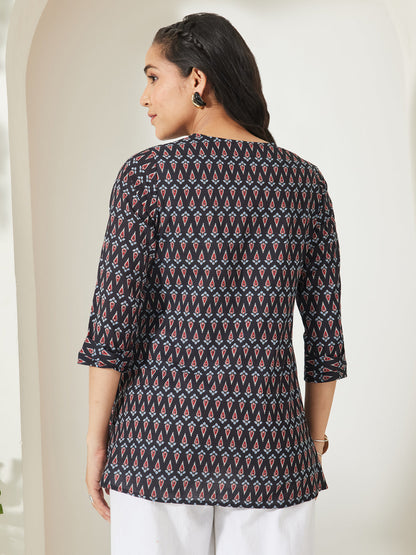 Janasya Women's Black Pure Cotton Geometric Printed A-Line Top