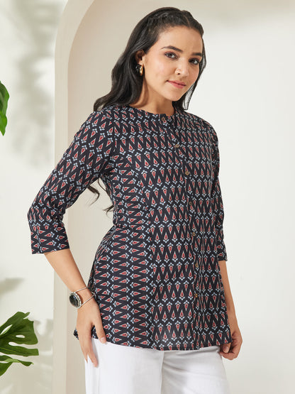 Janasya Women's Black Pure Cotton Geometric Printed A-Line Top