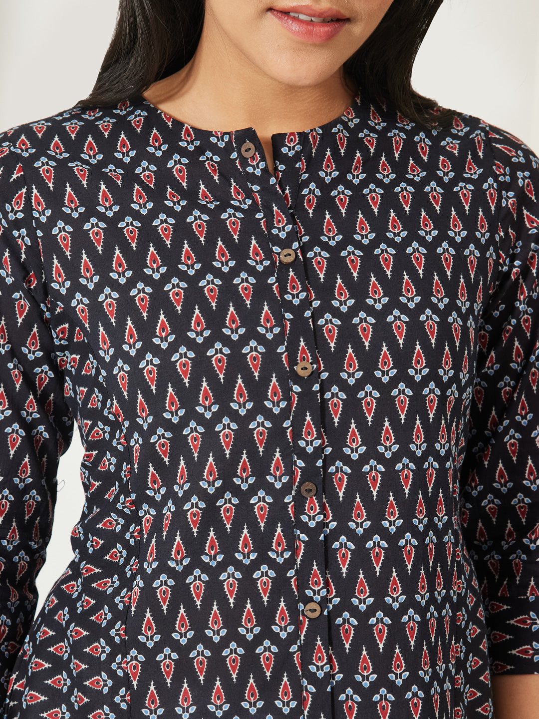 Janasya Women's Black Pure Cotton Geometric Printed A-Line Top