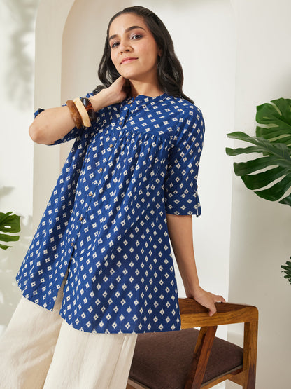 Janasya Women's Navy Blue Pure Cotton Ikkat Printed A-Line Top