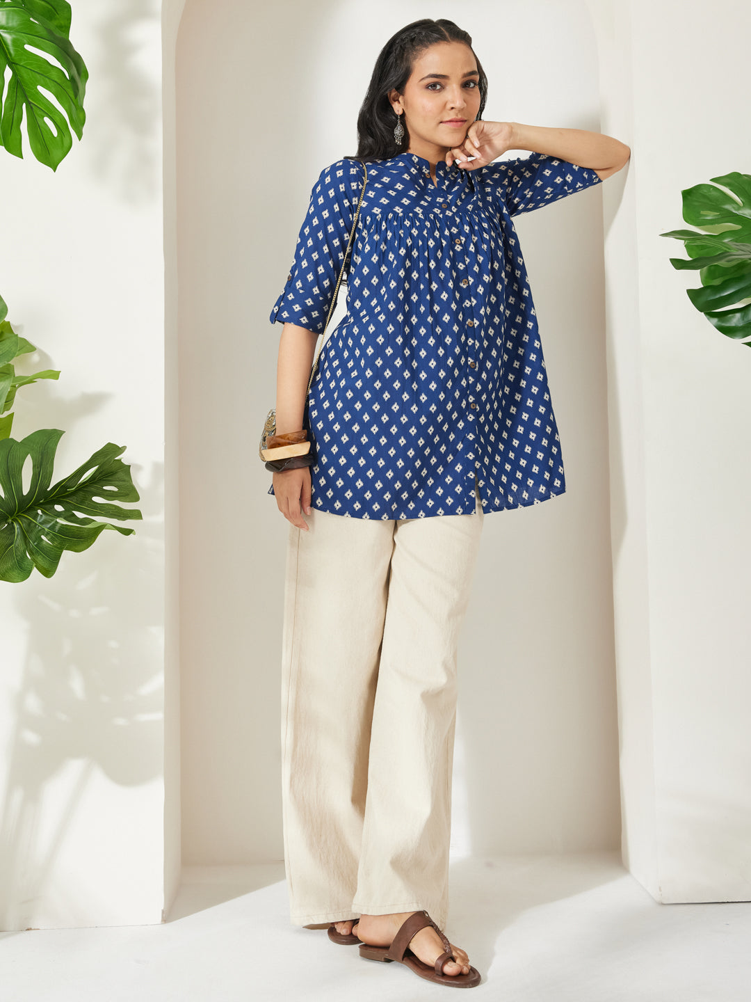 Janasya Women's Navy Blue Pure Cotton Ikkat Printed A-Line Top