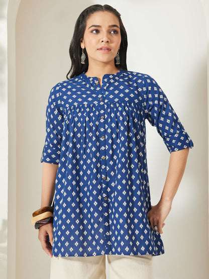 Janasya Women's Navy Blue Pure Cotton Ikkat Printed A-Line Top