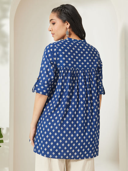 Janasya Women's Navy Blue Pure Cotton Ikkat Printed A-Line Top