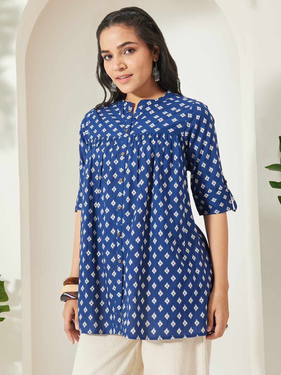 Janasya Women's Navy Blue Pure Cotton Ikkat Printed A-Line Top