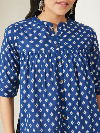 Janasya Women's Navy Blue Pure Cotton Ikkat Printed A-Line Top