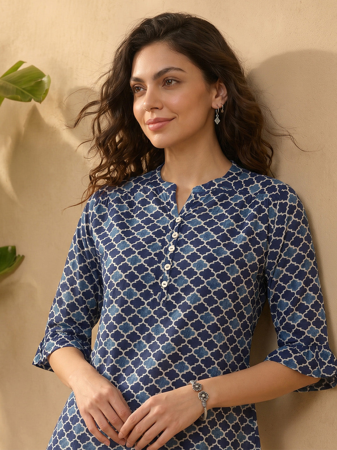 Janasya Women's Blue Pure Cotton Geometric Printed A-Line Top
