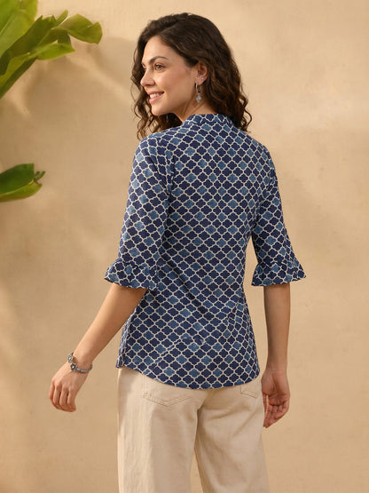 Janasya Women's Blue Pure Cotton Geometric Printed A-Line Top