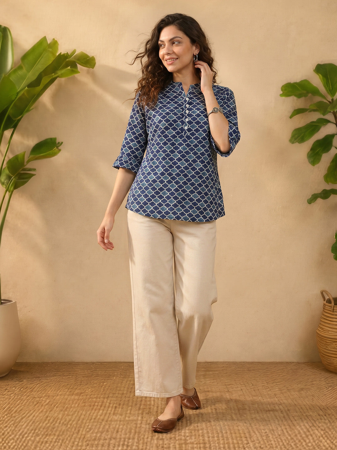 Janasya Women's Blue Pure Cotton Geometric Printed A-Line Top
