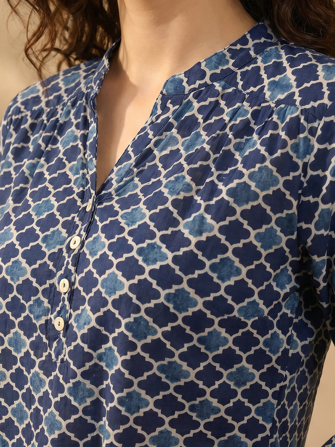 Janasya Women's Blue Pure Cotton Geometric Printed A-Line Top