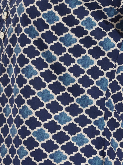 Janasya Women's Blue Pure Cotton Geometric Printed A-Line Top