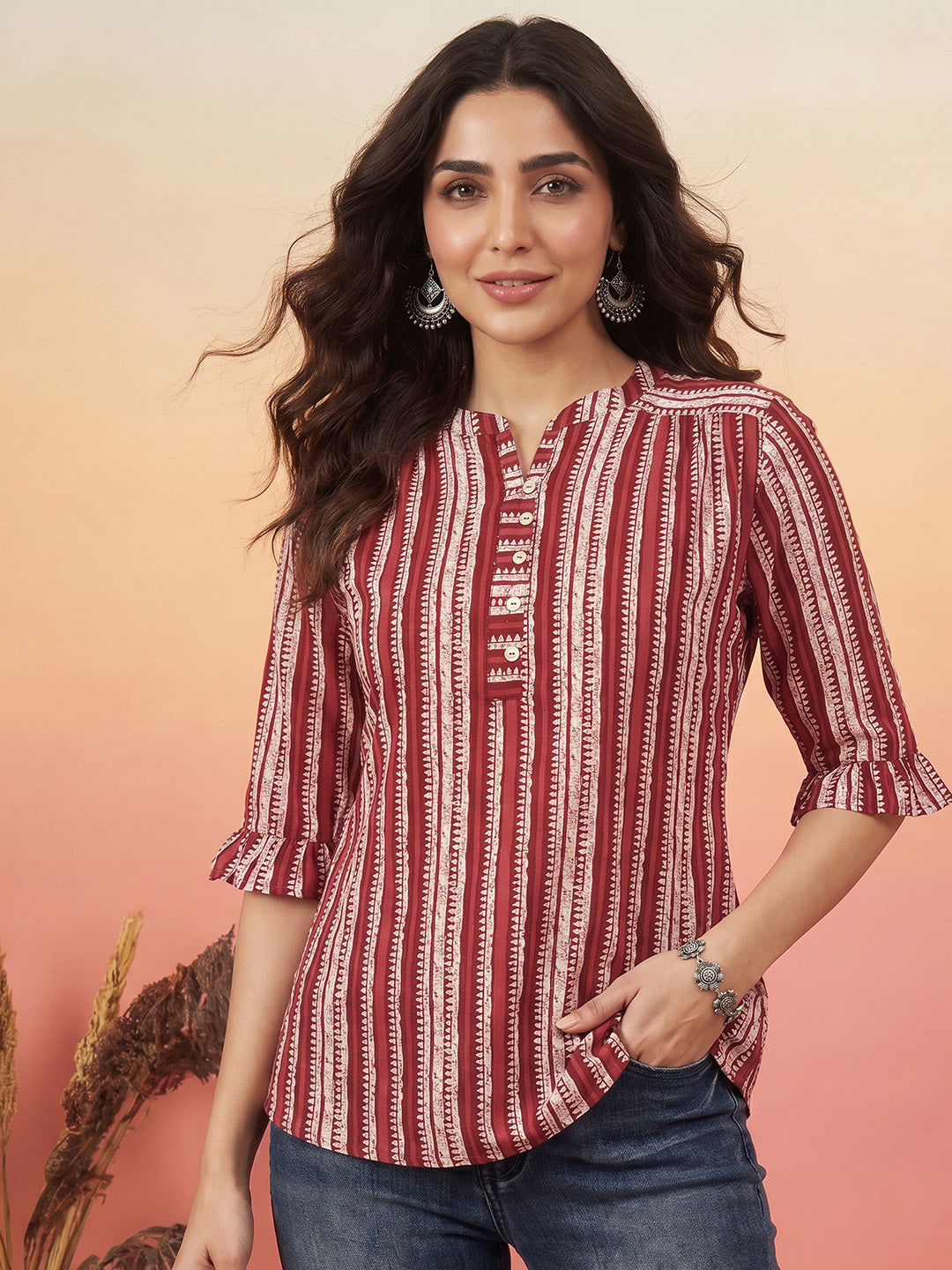 Janasya Women's Multi Color Pure Cotton Striped Printed A-Line Top
