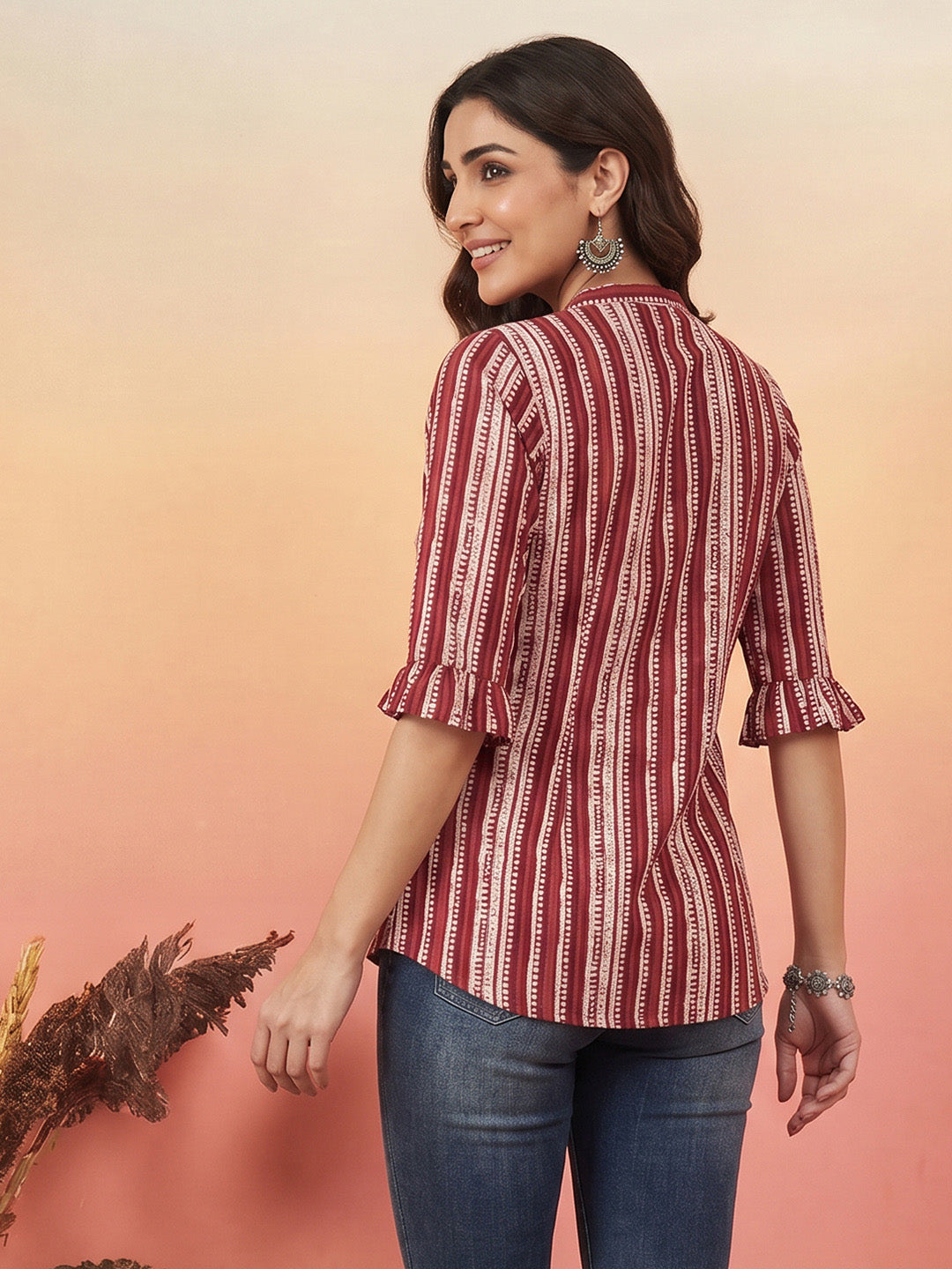 Janasya Women's Multi Color Pure Cotton Striped Printed A-Line Top