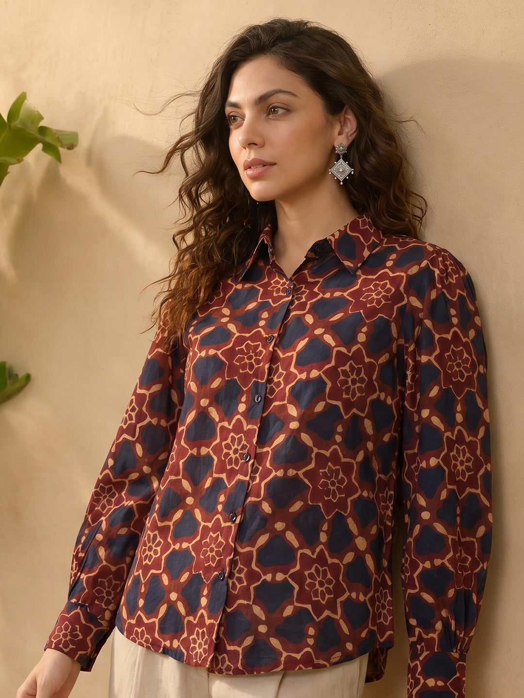 Janasya Women's Brown Silk Blend Floral Printed Shirt Top