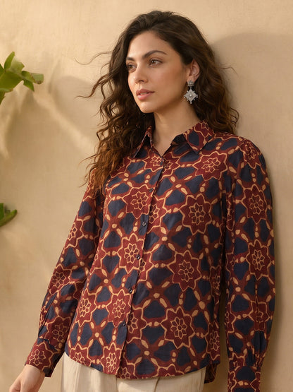 Janasya Women's Brown Silk Blend Floral Printed Shirt Top