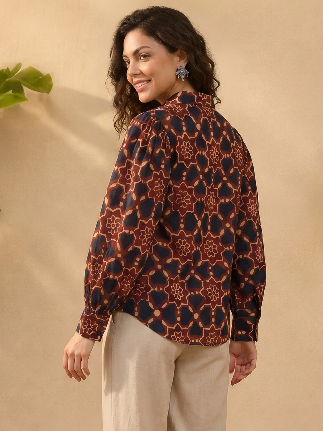 Janasya Women's Brown Silk Blend Floral Printed Shirt Top