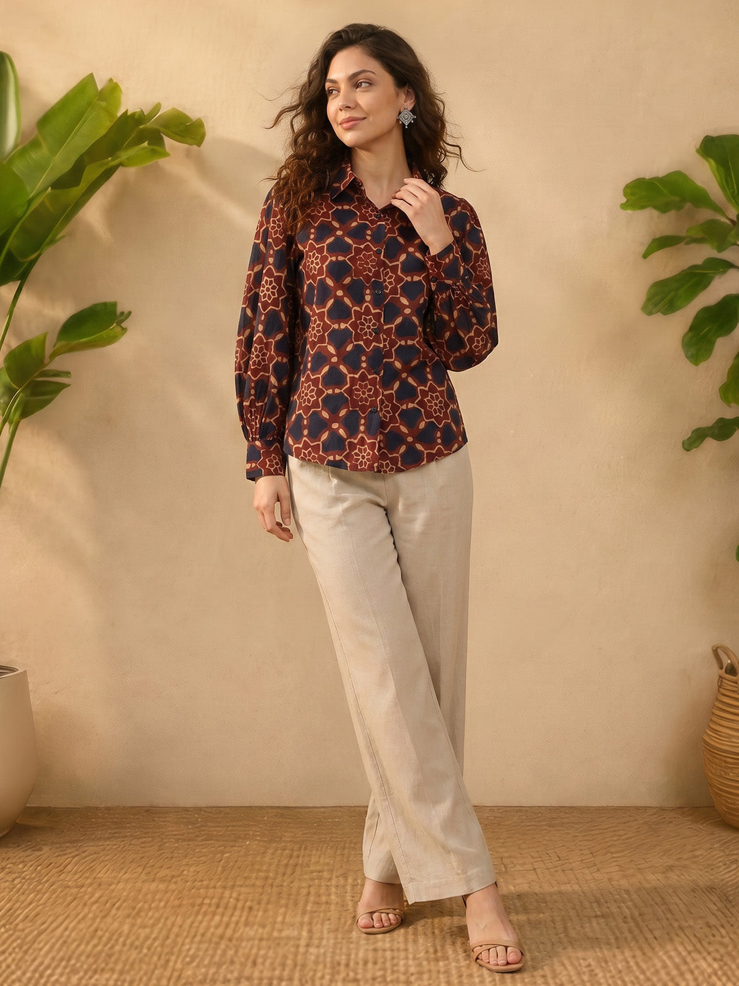 Janasya Women's Brown Silk Blend Floral Printed Shirt Top