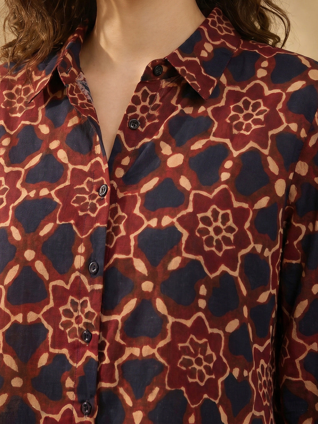 Janasya Women's Brown Silk Blend Floral Printed Shirt Top