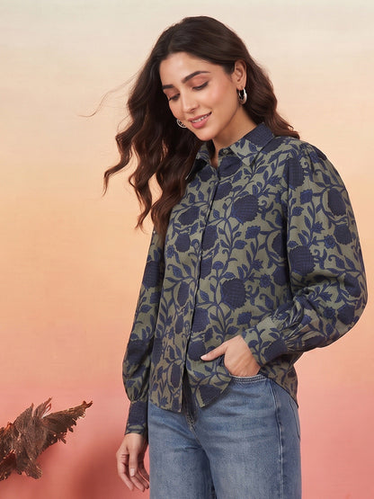 Janasya Women's Sage Green Silk Blend Floral Printed Shirt Top