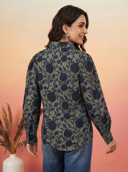 Janasya Women's Sage Green Silk Blend Floral Printed Shirt Top