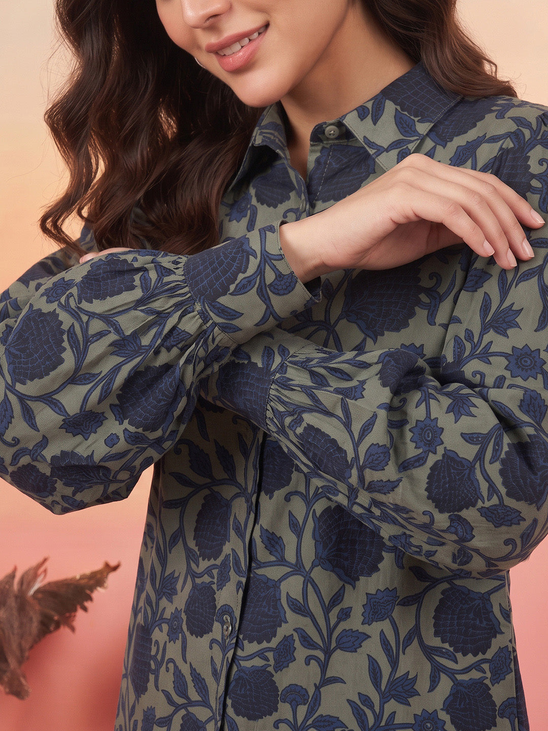 Janasya Women's Sage Green Silk Blend Floral Printed Shirt Top