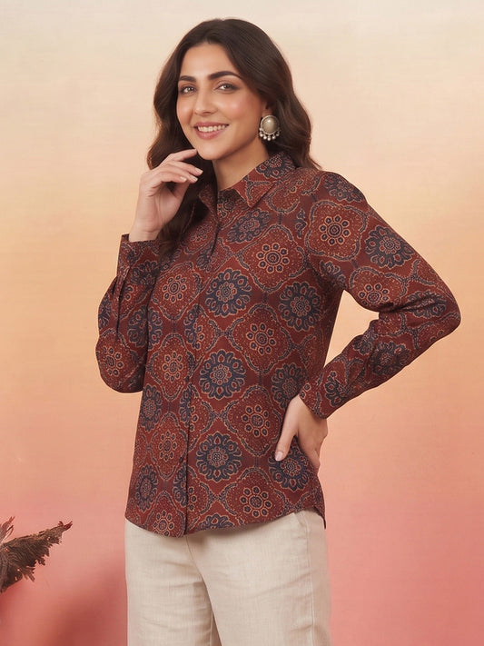 Janasya Women's Maroon Silk Blend Floral Printed Shirt Top
