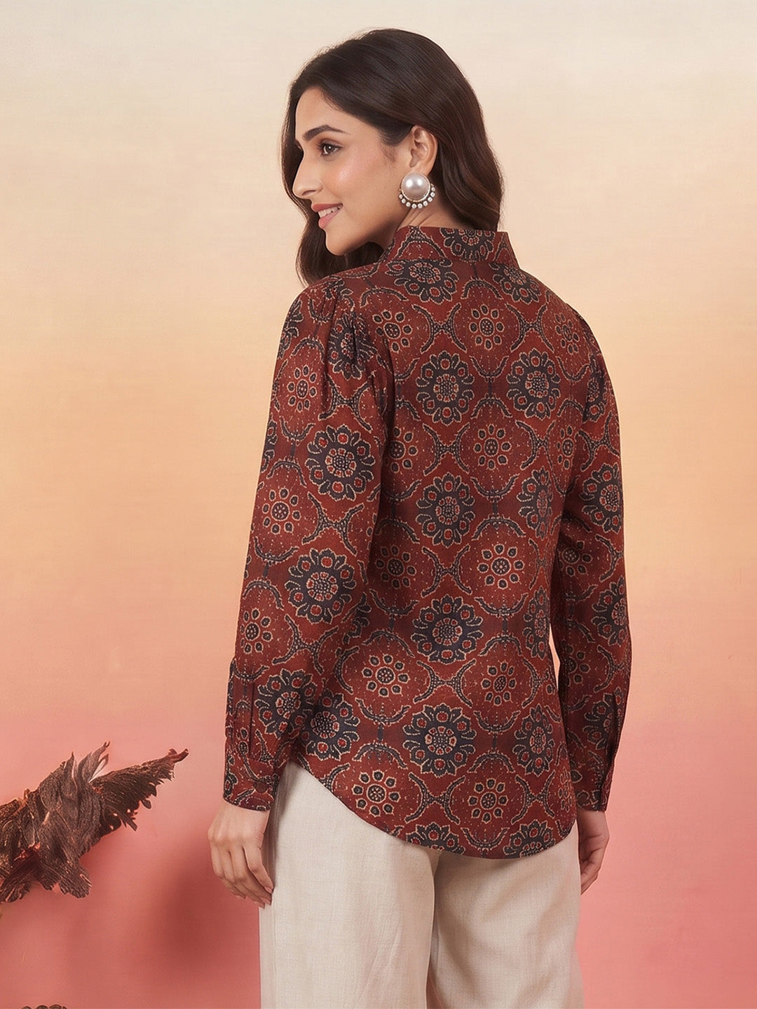Janasya Women's Maroon Silk Blend Floral Printed Shirt Top