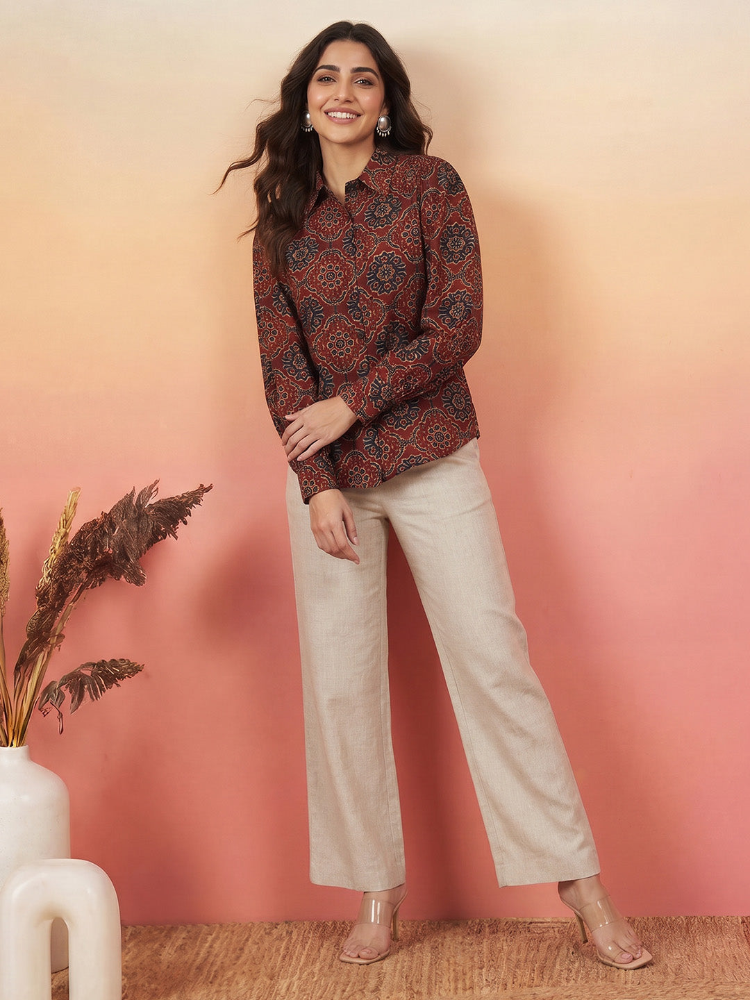 Janasya Women's Maroon Silk Blend Floral Printed Shirt Top