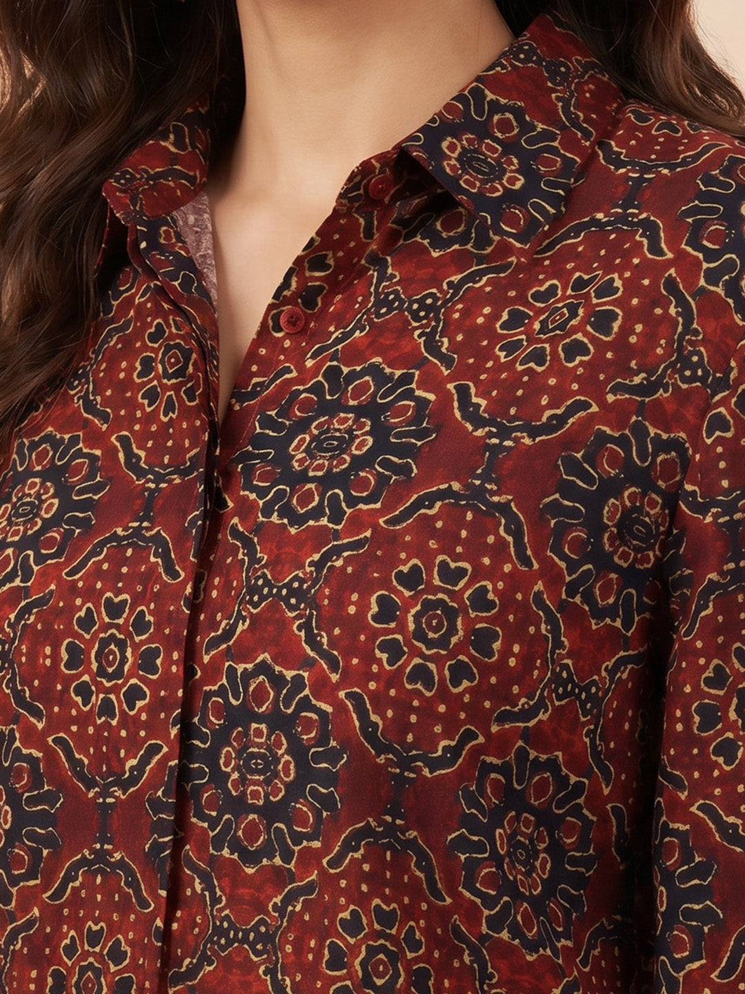 Janasya Women's Maroon Silk Blend Floral Printed Shirt Top