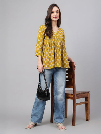 Janasya Women's Mustard Pure Cotton Floral Printed Gathered Top