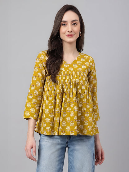 Janasya Women's Mustard Pure Cotton Floral Printed Gathered Top