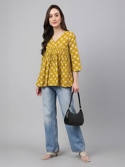 Janasya Women's Mustard Pure Cotton Floral Printed Gathered Top