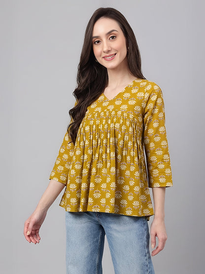 Janasya Women's Mustard Pure Cotton Floral Printed Gathered Top