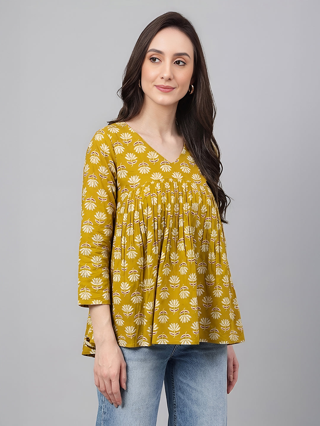 Janasya Women's Mustard Pure Cotton Floral Printed Gathered Top