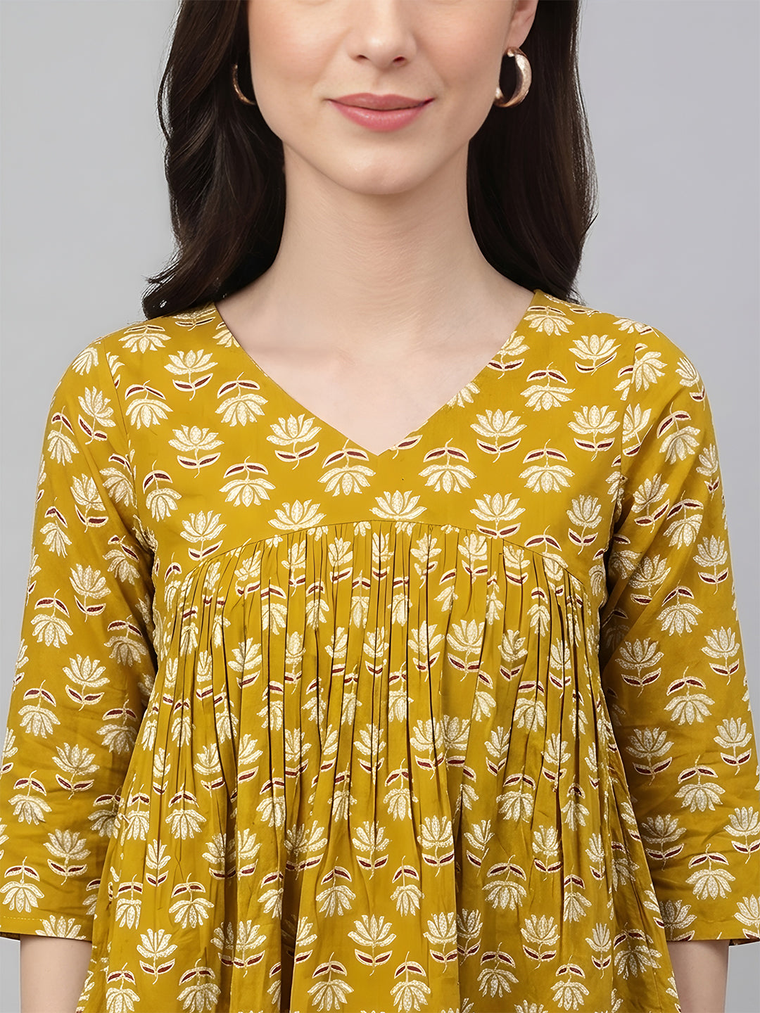 Janasya Women's Mustard Pure Cotton Floral Printed Gathered Top