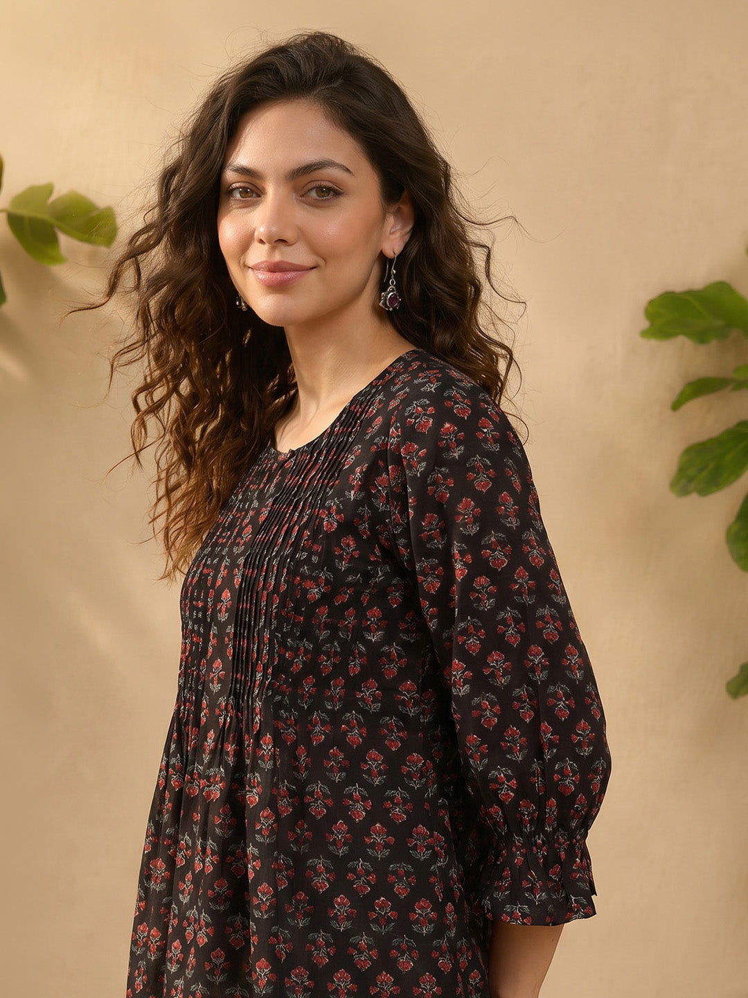 Janasya Women's Brown Pure Cotton Floral Printed A-Line Top
