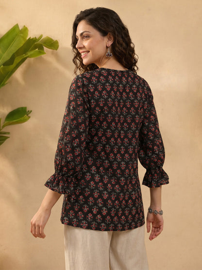 Janasya Women's Brown Pure Cotton Floral Printed A-Line Top