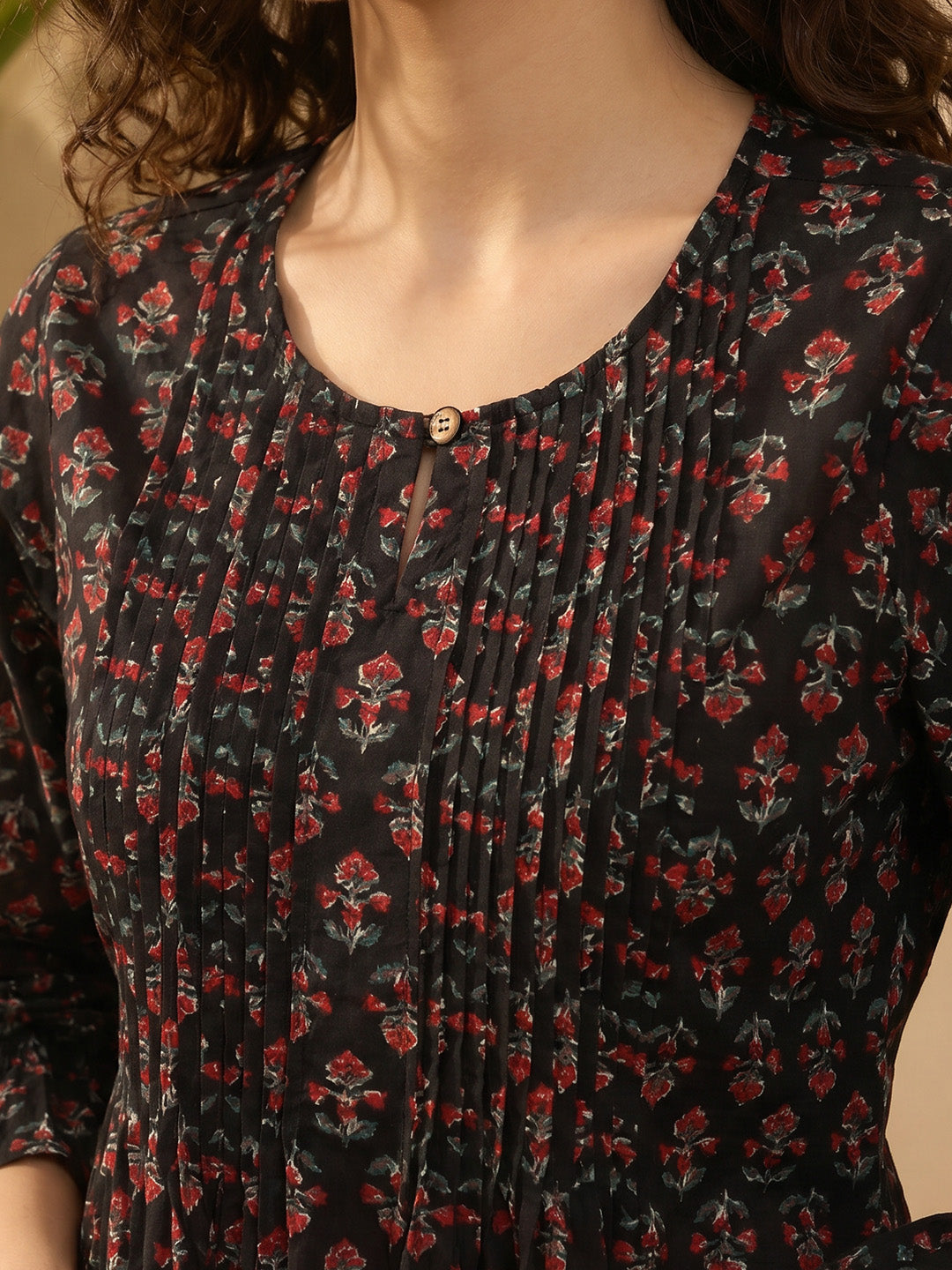Janasya Women's Brown Pure Cotton Floral Printed A-Line Top