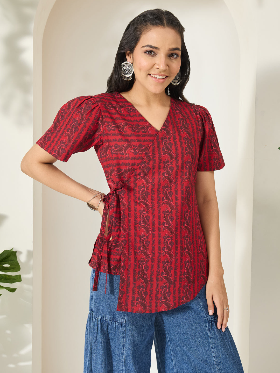 Janasya Women's Maroon Pure Cotton Paisley Printed Straight Top