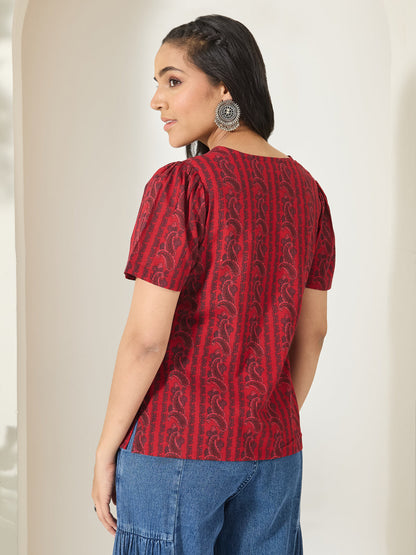 Janasya Women's Maroon Pure Cotton Paisley Printed Straight Top