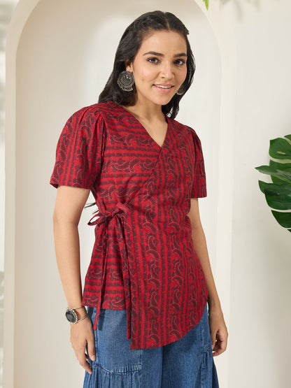Janasya Women's Maroon Pure Cotton Paisley Printed Straight Top