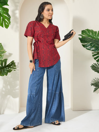 Janasya Women's Maroon Pure Cotton Paisley Printed Straight Top