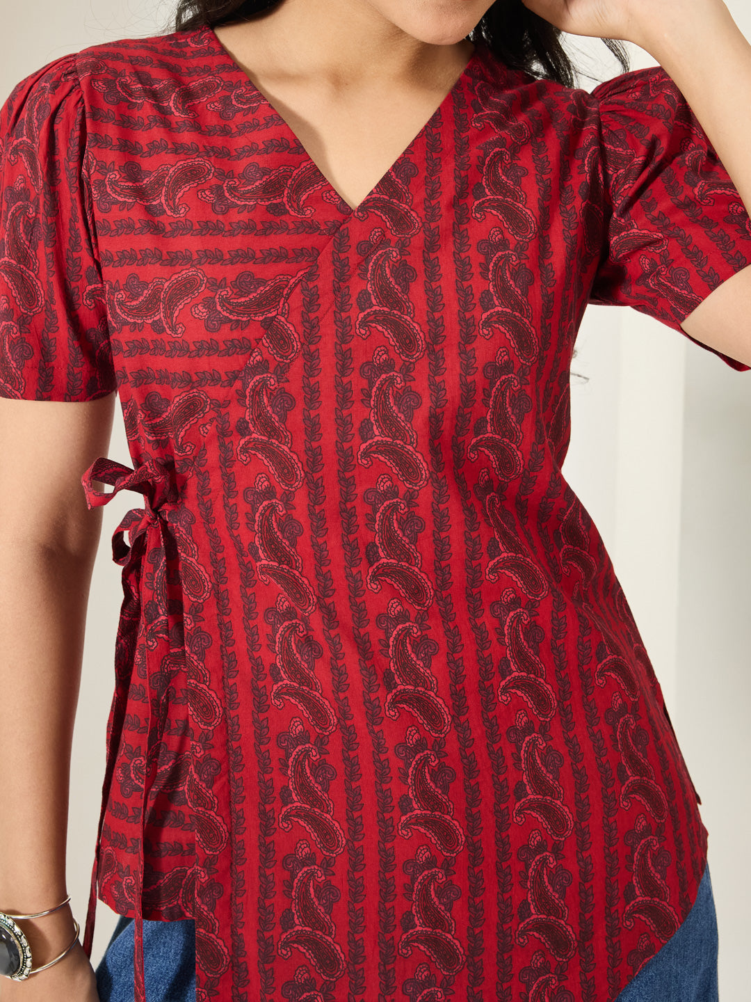 Janasya Women's Maroon Pure Cotton Paisley Printed Straight Top