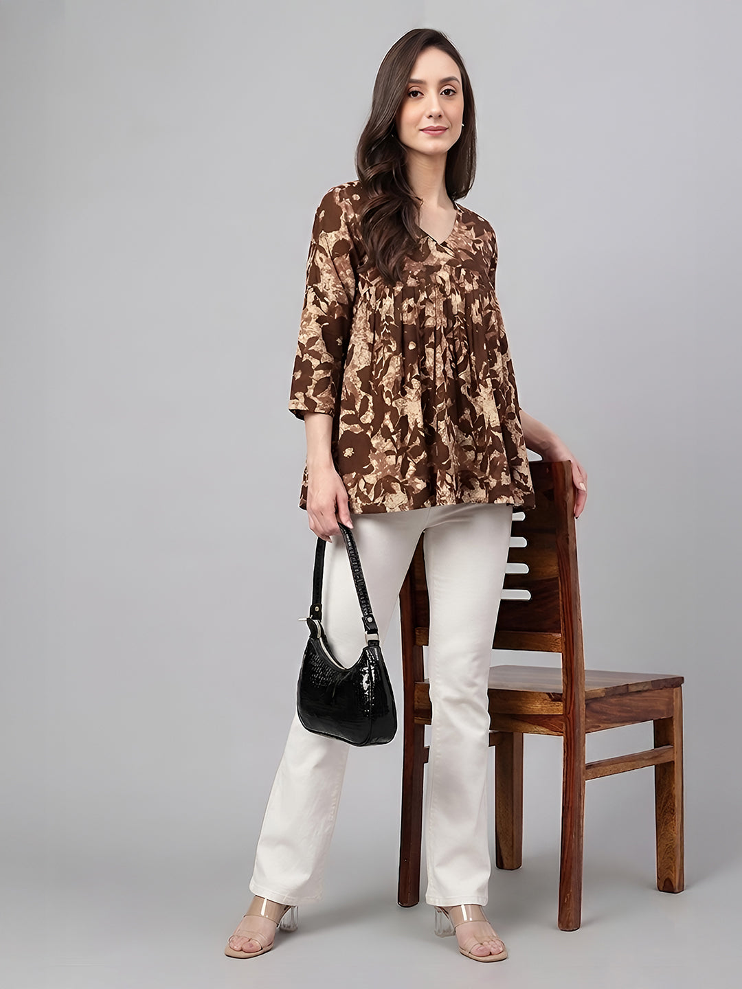 Janasya Women's Beige Pure Cotton Floral Printed Peplum Top