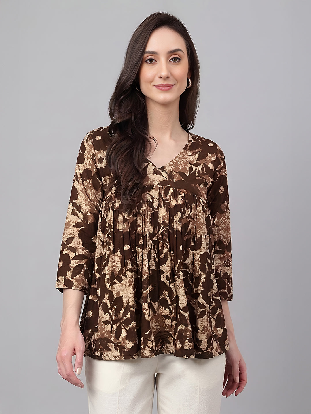 Janasya Women's Beige Pure Cotton Floral Printed Peplum Top
